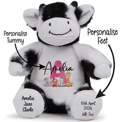 Personalised New Baby Girl Teddy Bear with Pink Letter Initial & Name Text - Animal Safari Design