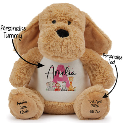 Personalised New Baby Girl Teddy Bear with Pink Letter Initial & Name Text - Animal Safari Design