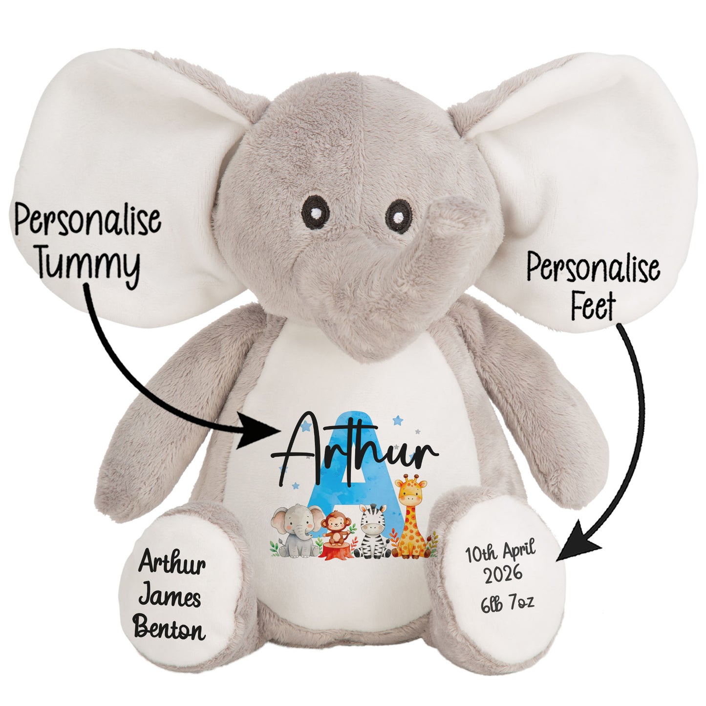 Personalised New Baby Boy Teddy Bear with Blue Letter Initial & Name Text - Animal Safari