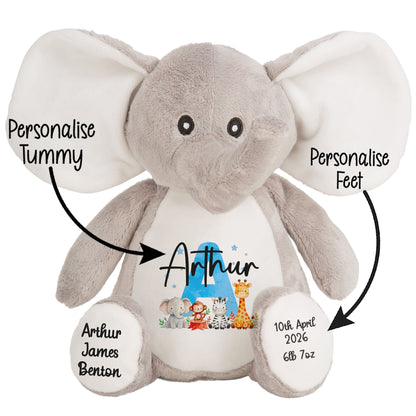 Personalised New Baby Boy Teddy Bear with Blue Letter Initial & Name Text - Animal Safari