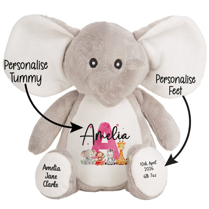 Personalised New Baby Girl Teddy Bear with Pink Letter Initial & Name Text - Animal Safari Design