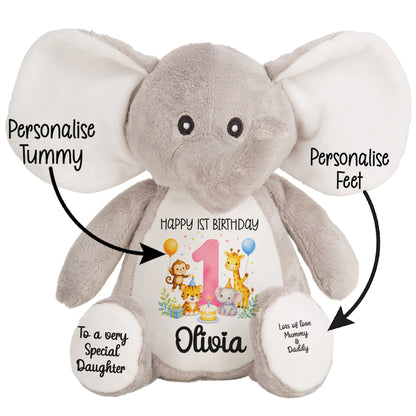 Personalised Baby Girl 1st Birthday Teddy Bear - Pink Safari Animal Name Age 1
