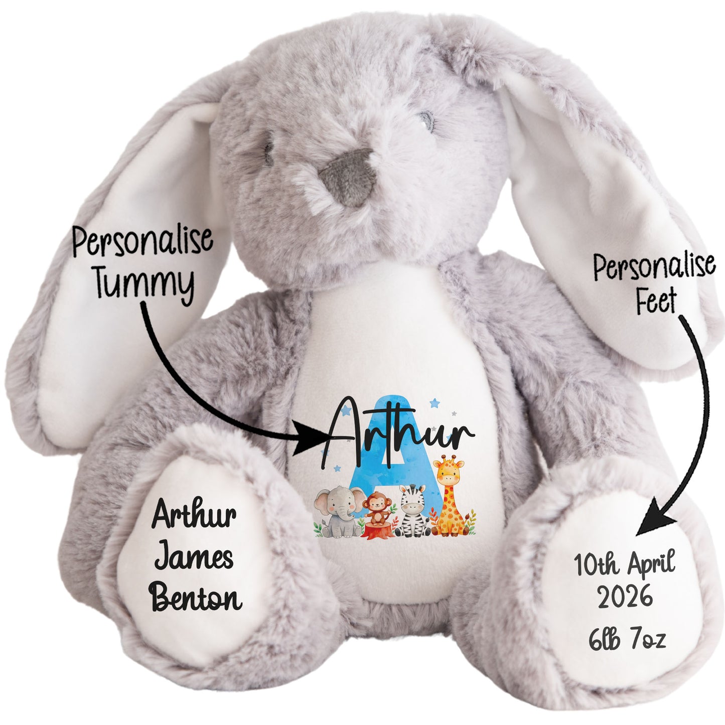 Personalised New Baby Boy Teddy Bear with Blue Letter Initial & Name Text - Animal Safari