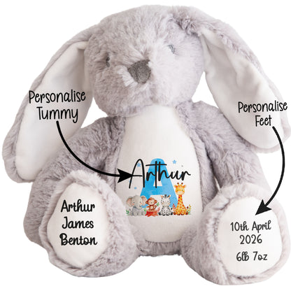 Personalised New Baby Boy Teddy Bear with Blue Letter Initial & Name Text - Animal Safari
