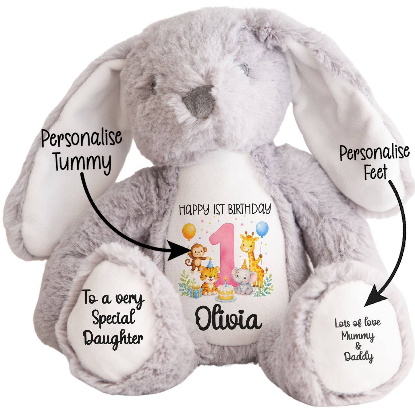 Personalised Baby Girl 1st Birthday Teddy Bear - Pink Safari Animal Name Age 1