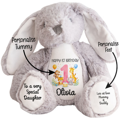 Personalised Baby Girl 1st Birthday Teddy Bear - Pink Safari Animal Name Age 1
