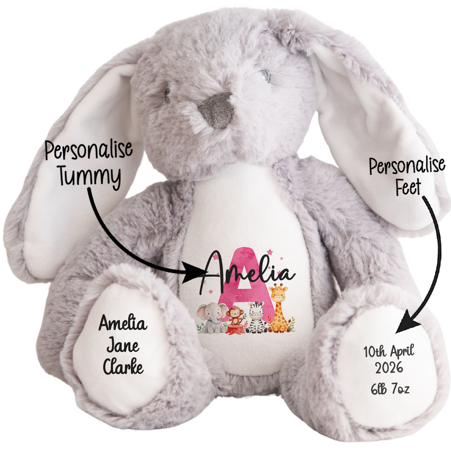 Personalised New Baby Girl Teddy Bear with Pink Letter Initial & Name Text - Animal Safari Design