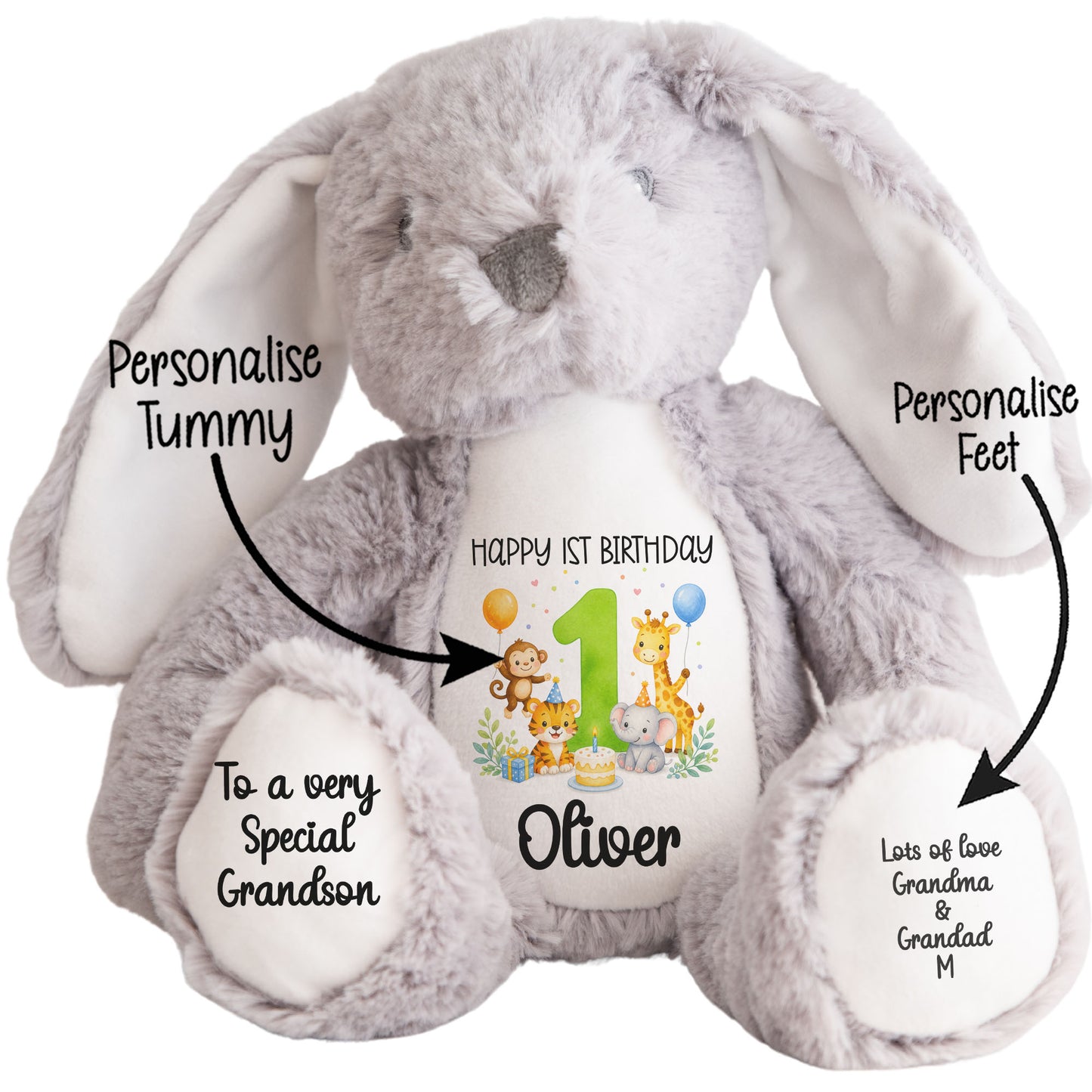 Personalised 1st Birthday Teddy Bear – Safari Animal Party Green Age 1