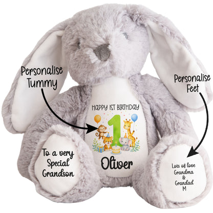 Personalised 1st Birthday Teddy Bear – Safari Animal Party Green Age 1