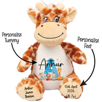 Personalised New Baby Boy Teddy Bear with Blue Letter Initial & Name Text - Animal Safari