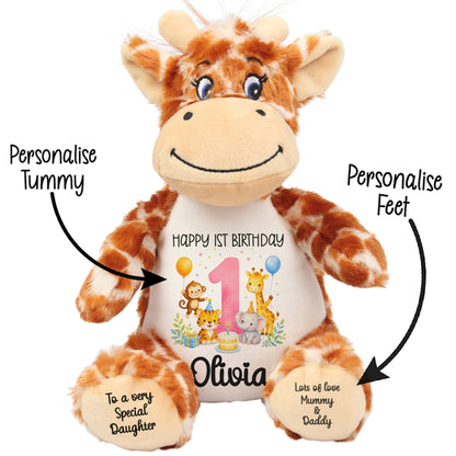 Personalised Baby Girl 1st Birthday Teddy Bear - Pink Safari Animal Name Age 1
