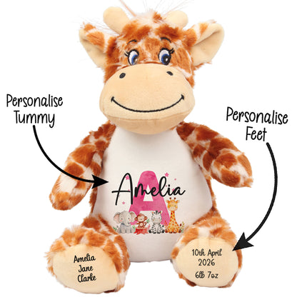 Personalised New Baby Girl Teddy Bear with Pink Letter Initial & Name Text - Animal Safari Design