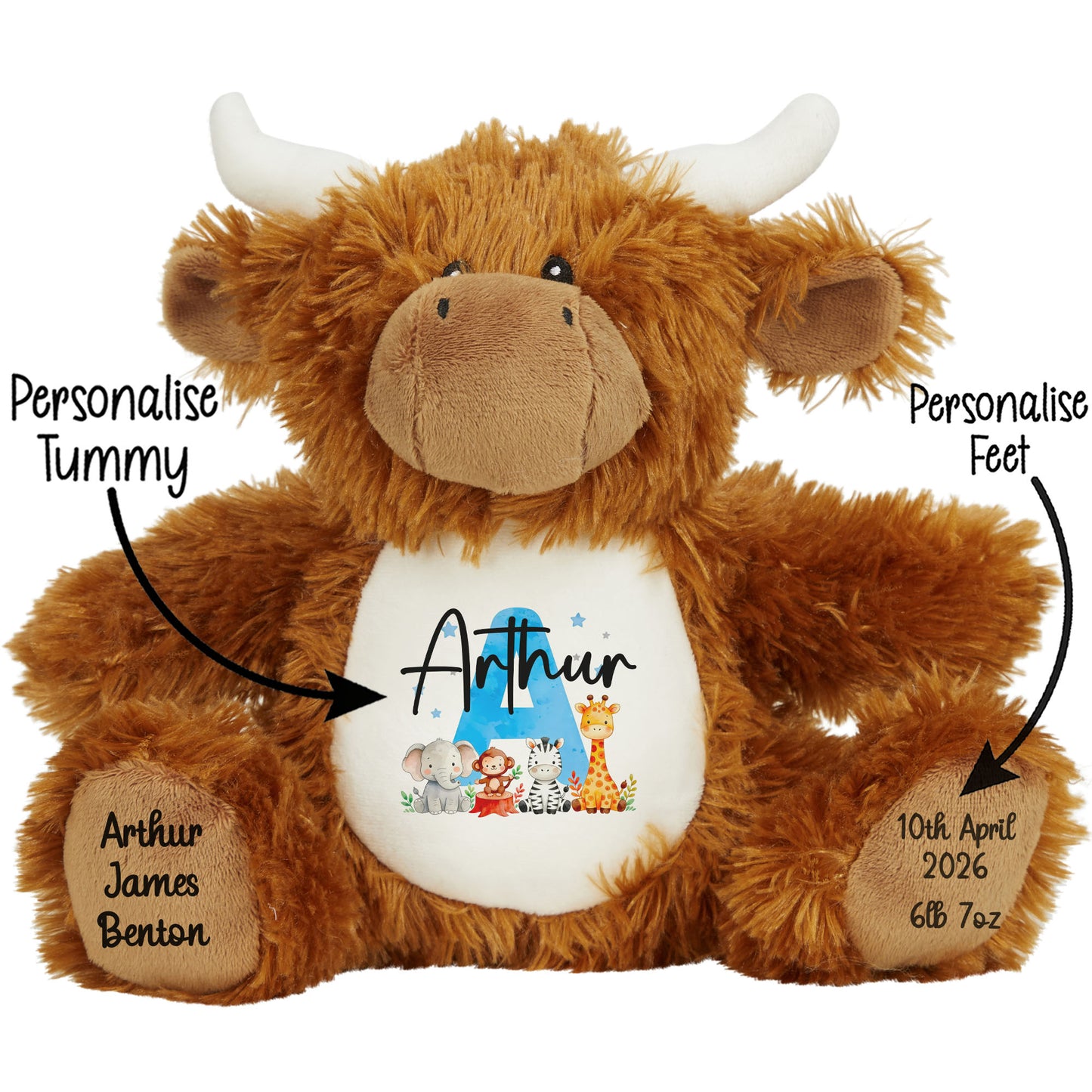 Personalised New Baby Boy Teddy Bear with Blue Letter Initial & Name Text - Animal Safari