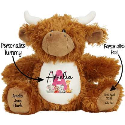 Personalised New Baby Girl Teddy Bear with Pink Letter Initial & Name Text - Animal Safari Design