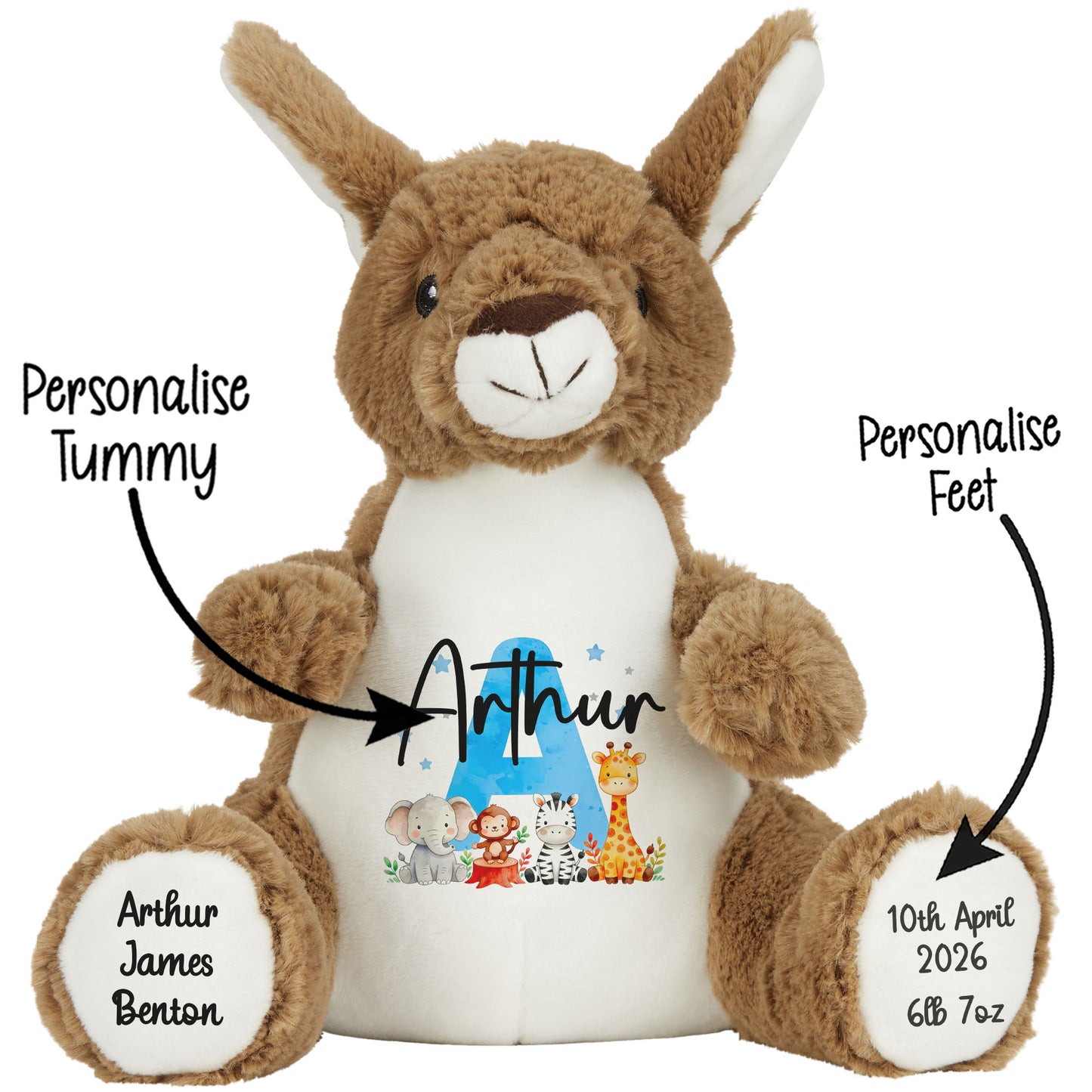 Personalised New Baby Boy Teddy Bear with Blue Letter Initial & Name Text - Animal Safari