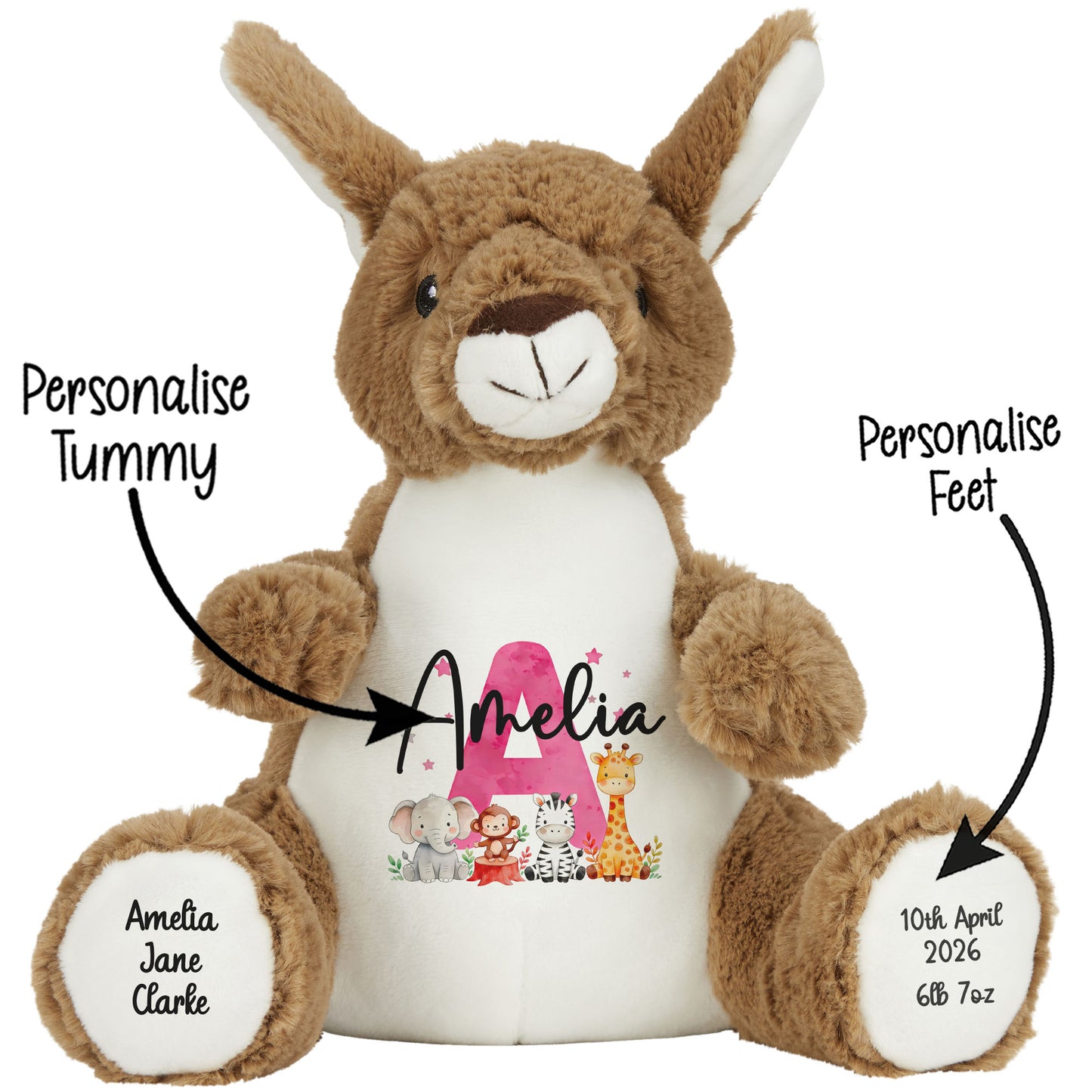 Personalised New Baby Girl Teddy Bear with Pink Letter Initial & Name Text - Animal Safari Design