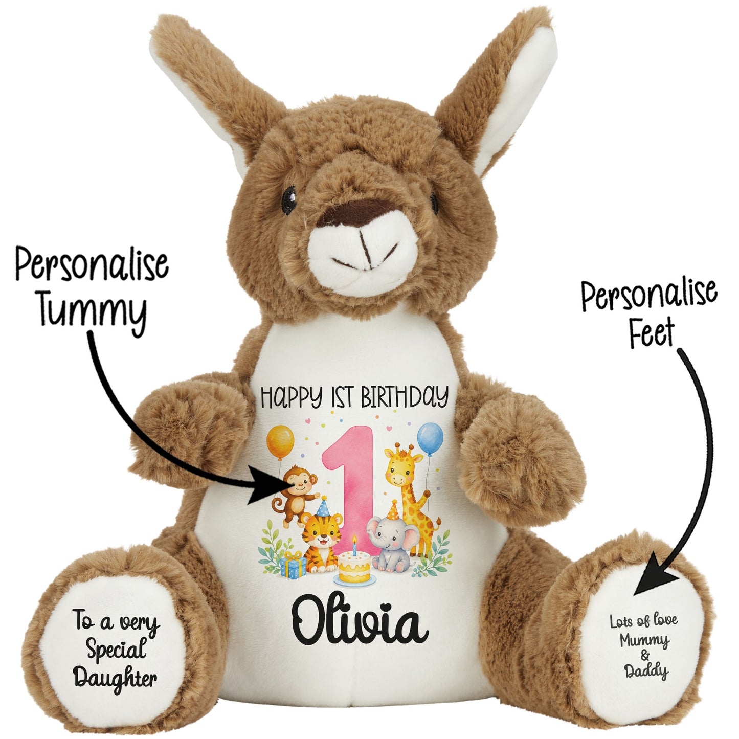 Personalised Baby Girl 1st Birthday Teddy Bear - Pink Safari Animal Name Age 1
