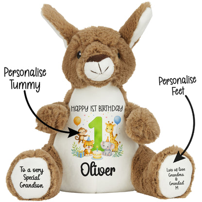 Personalised 1st Birthday Teddy Bear – Safari Animal Party Green Age 1