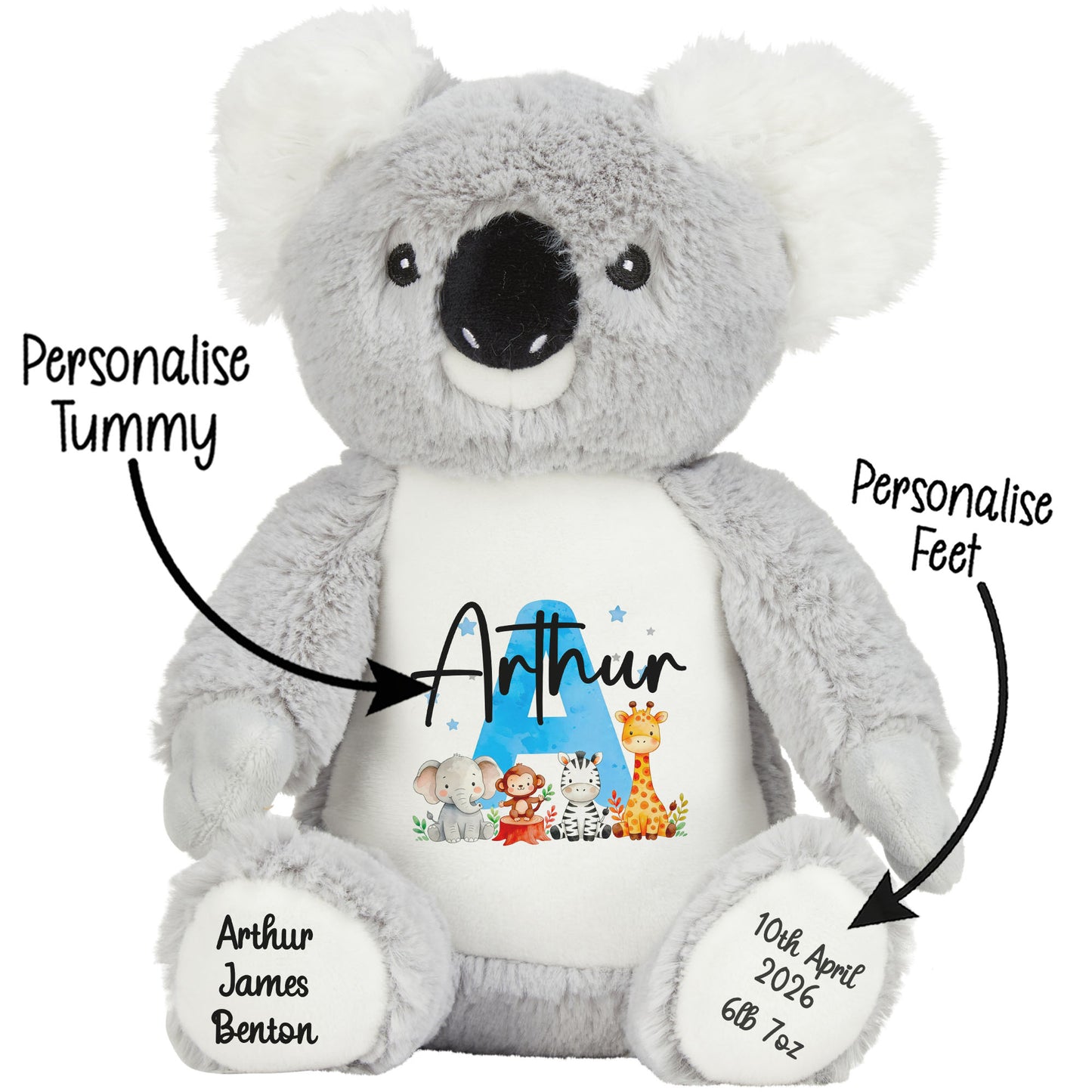 Personalised New Baby Boy Teddy Bear with Blue Letter Initial & Name Text - Animal Safari