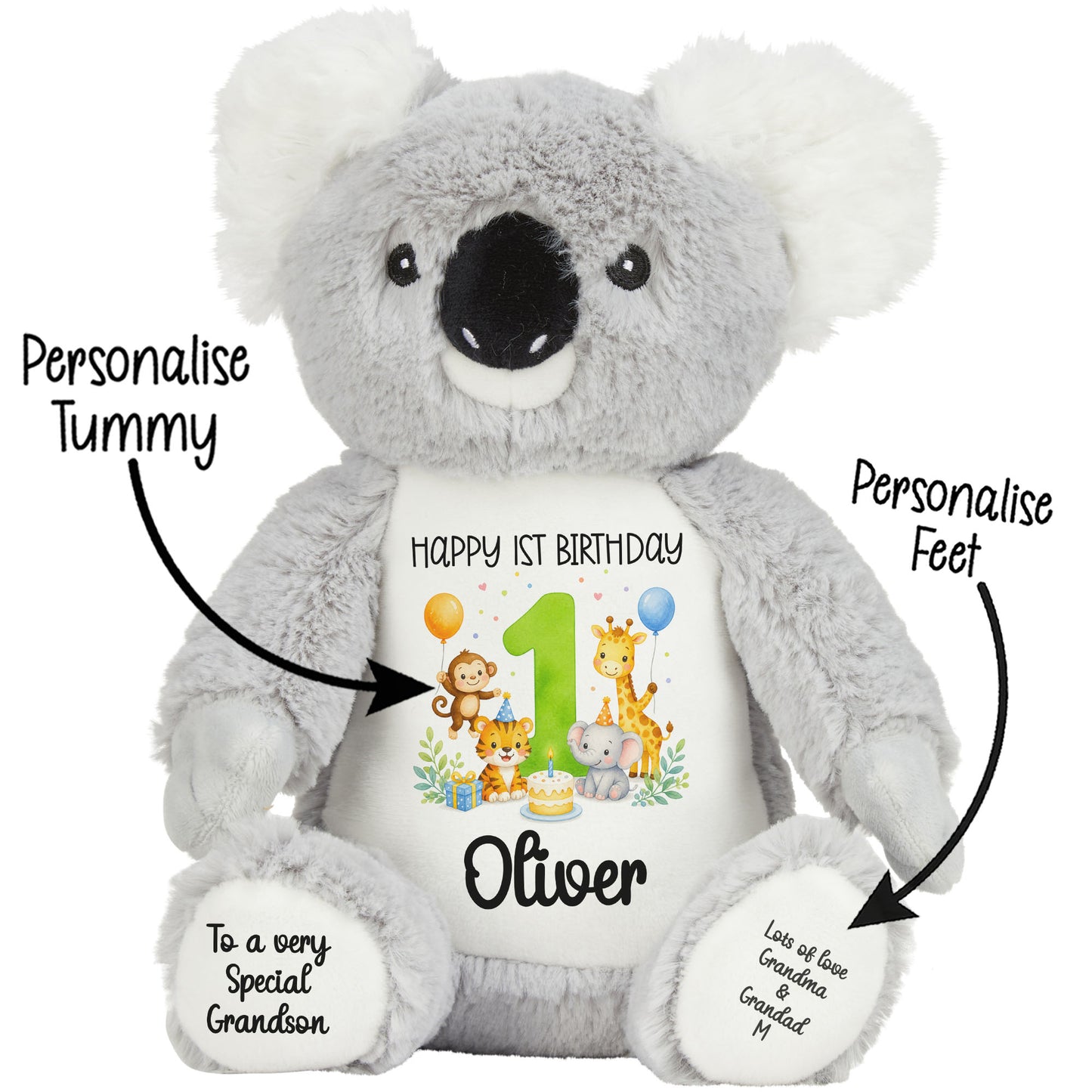 Personalised 1st Birthday Teddy Bear – Safari Animal Party Green Age 1