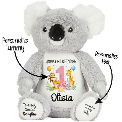 Personalised Baby Girl 1st Birthday Teddy Bear - Pink Safari Animal Name Age 1