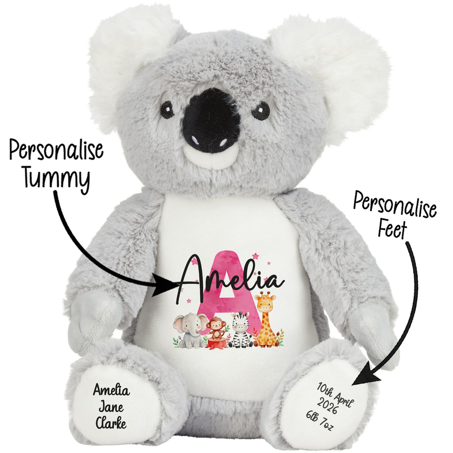 Personalised New Baby Girl Teddy Bear with Pink Letter Initial & Name Text - Animal Safari Design