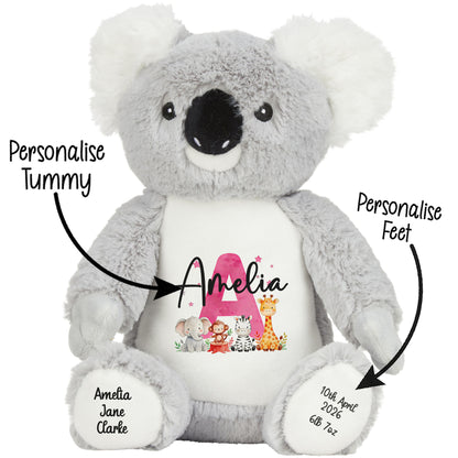 Personalised New Baby Girl Teddy Bear with Pink Letter Initial & Name Text - Animal Safari Design