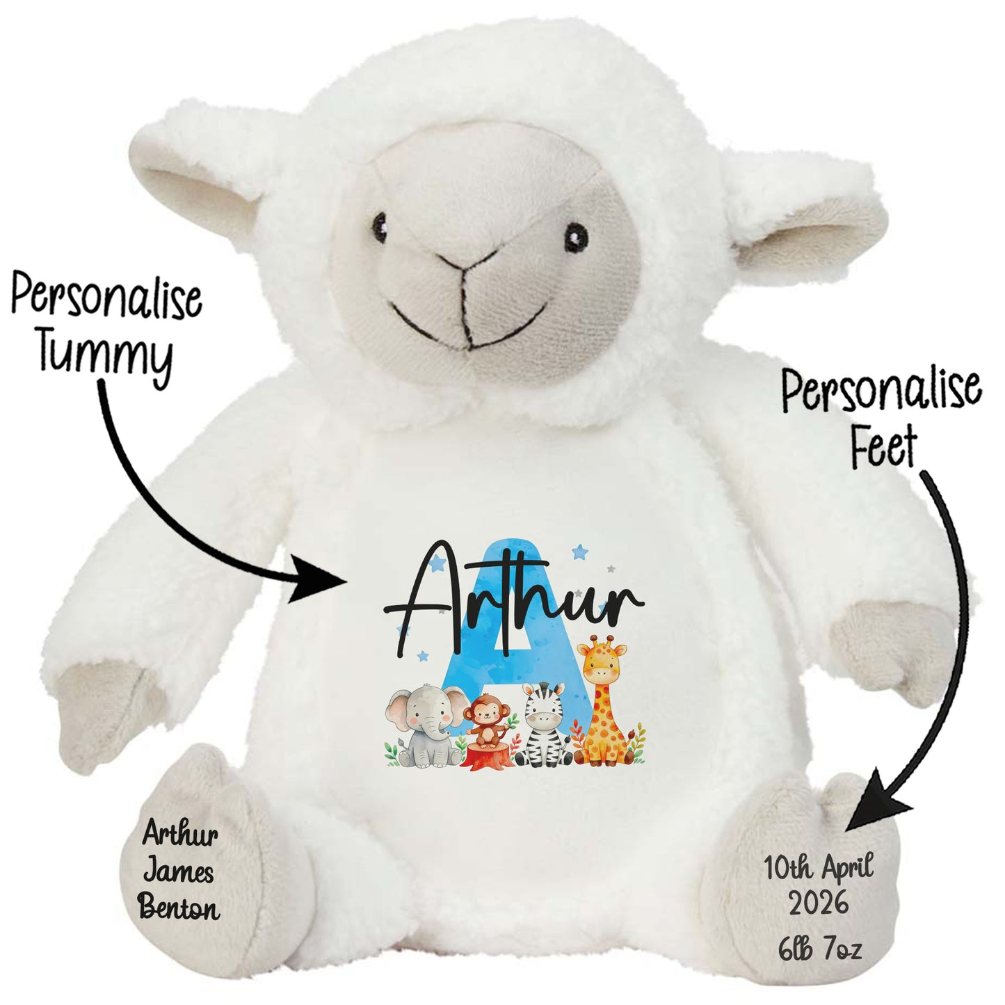 Personalised New Baby Boy Teddy Bear with Blue Letter Initial & Name Text - Animal Safari