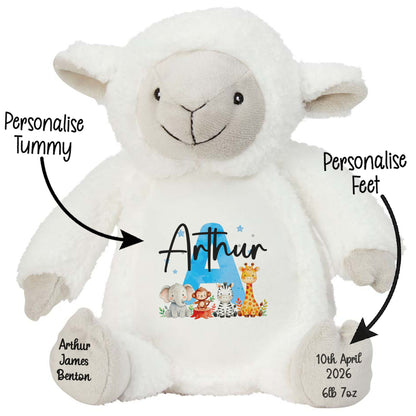 Personalised New Baby Boy Teddy Bear with Blue Letter Initial & Name Text - Animal Safari