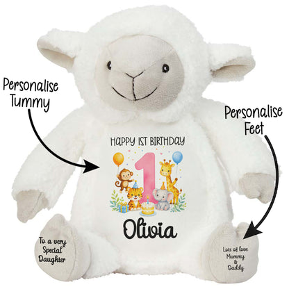 Personalised Baby Girl 1st Birthday Teddy Bear - Pink Safari Animal Name Age 1