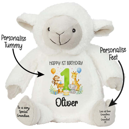 Personalised 1st Birthday Teddy Bear – Safari Animal Party Green Age 1