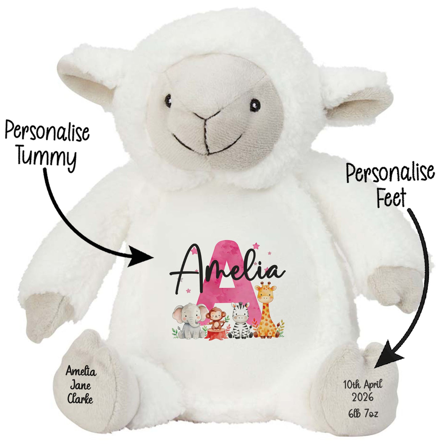 Personalised New Baby Girl Teddy Bear with Pink Letter Initial & Name Text - Animal Safari Design