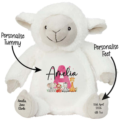 Personalised New Baby Girl Teddy Bear with Pink Letter Initial & Name Text - Animal Safari Design