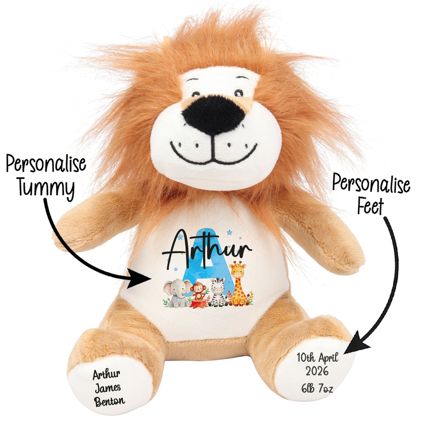 Personalised New Baby Boy Teddy Bear with Blue Letter Initial & Name Text - Animal Safari