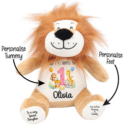 Personalised Baby Girl 1st Birthday Teddy Bear - Pink Safari Animal Name Age 1