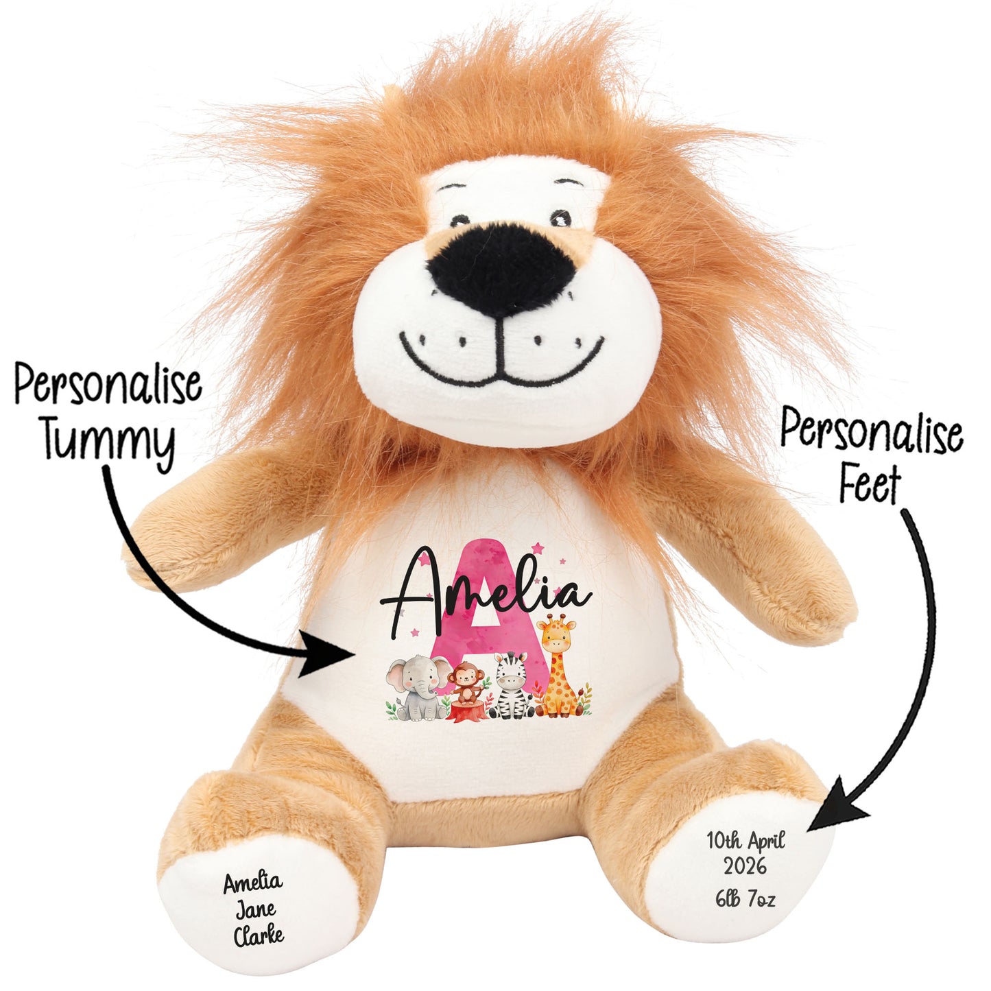 Personalised New Baby Girl Teddy Bear with Pink Letter Initial & Name Text - Animal Safari Design