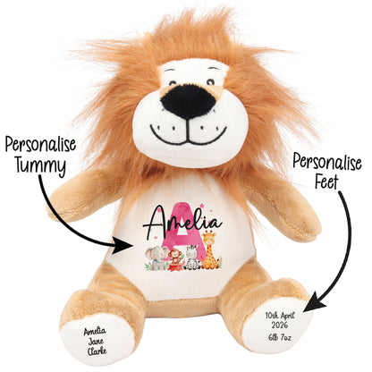 Personalised New Baby Girl Teddy Bear with Pink Letter Initial & Name Text - Animal Safari Design