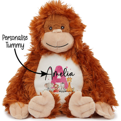 Personalised New Baby Girl Teddy Bear with Pink Letter Initial & Name Text - Animal Safari Design