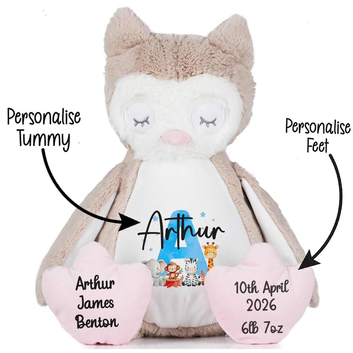 Personalised New Baby Boy Teddy Bear with Blue Letter Initial & Name Text - Animal Safari