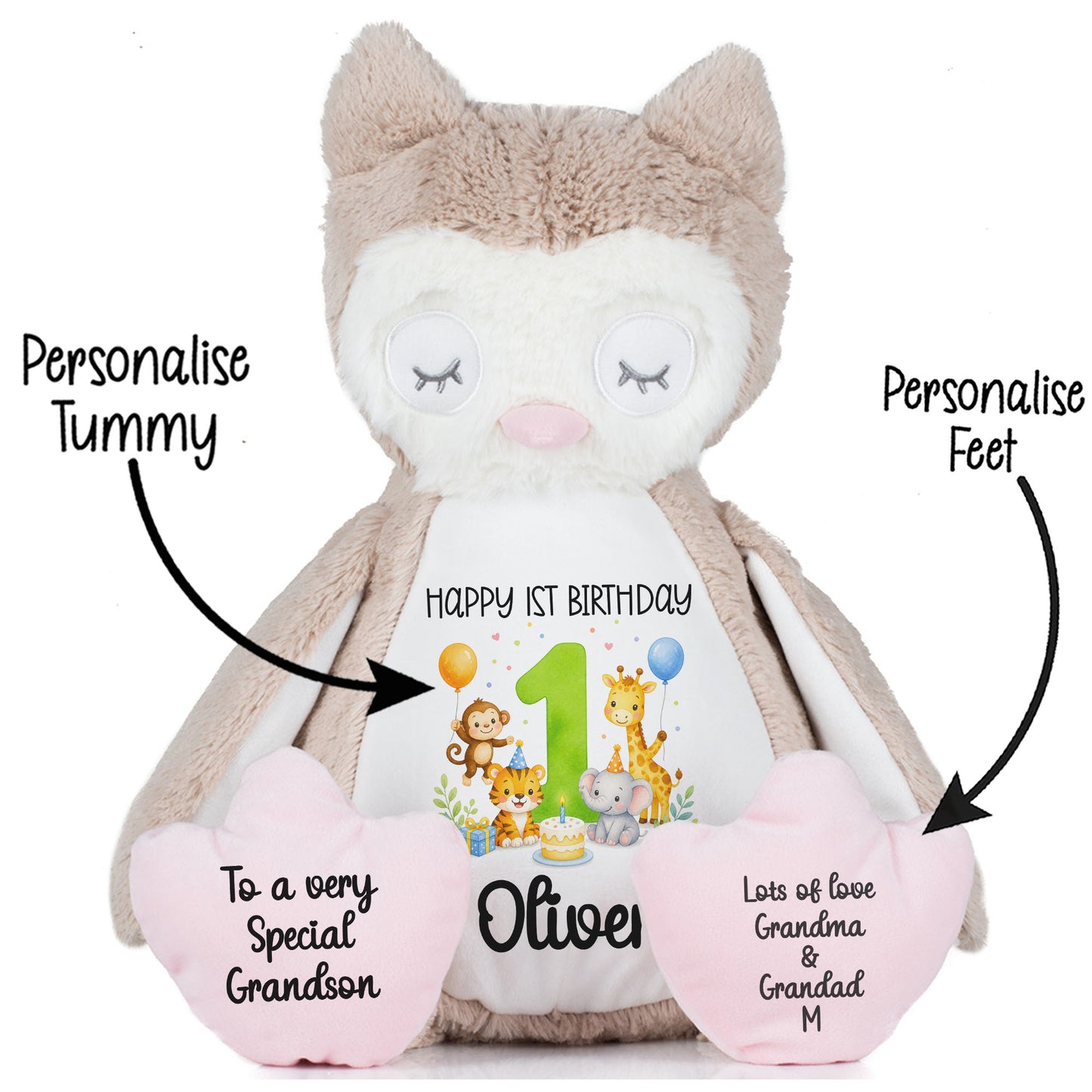 Personalised 1st Birthday Teddy Bear – Safari Animal Party Green Age 1