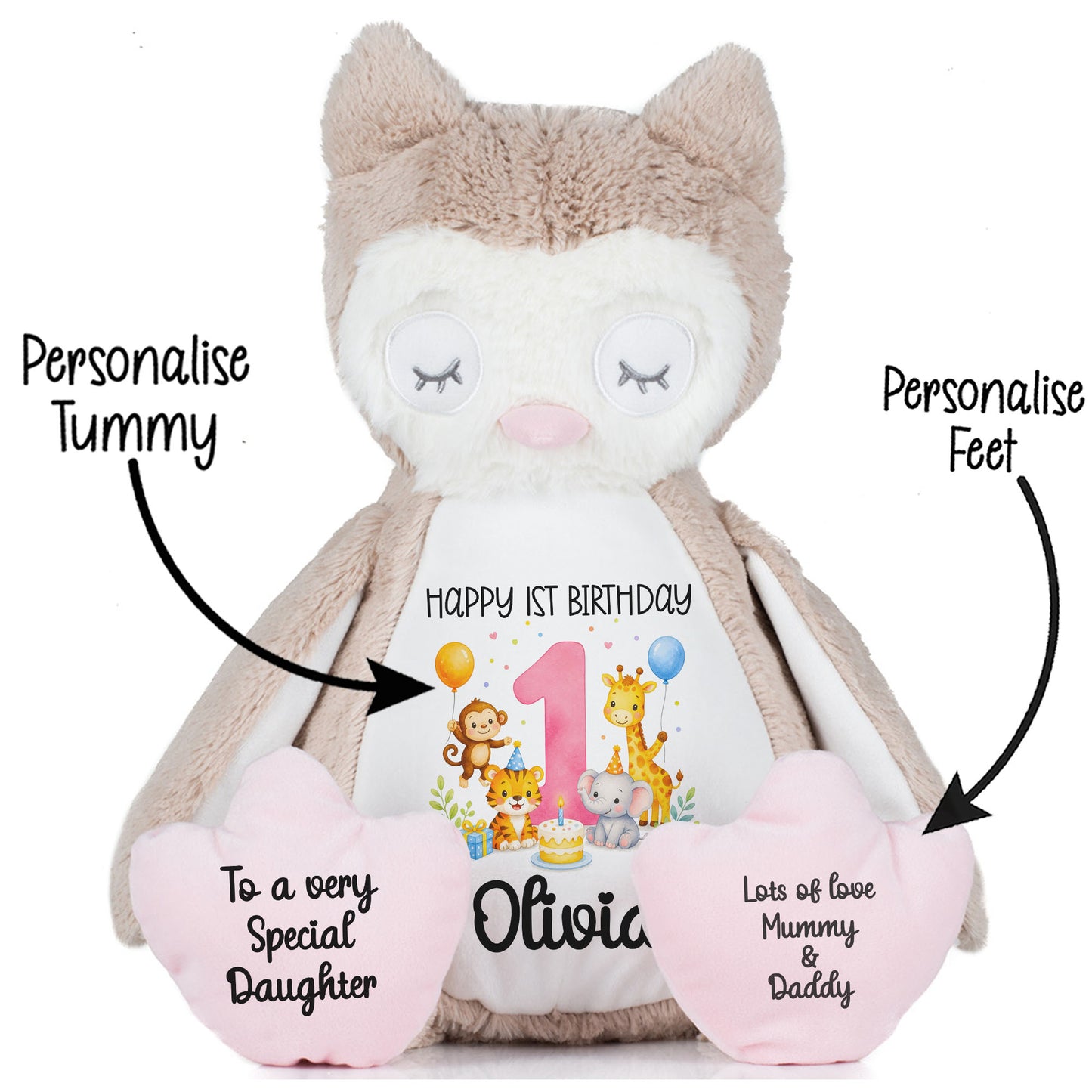 Personalised Baby Girl 1st Birthday Teddy Bear - Pink Safari Animal Name Age 1