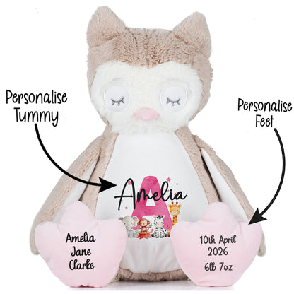 Personalised New Baby Girl Teddy Bear with Pink Letter Initial & Name Text - Animal Safari Design