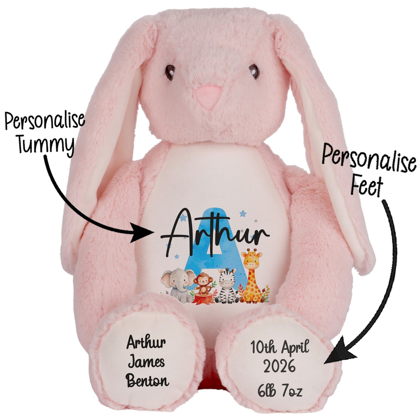 Personalised New Baby Boy Teddy Bear with Blue Letter Initial & Name Text - Animal Safari