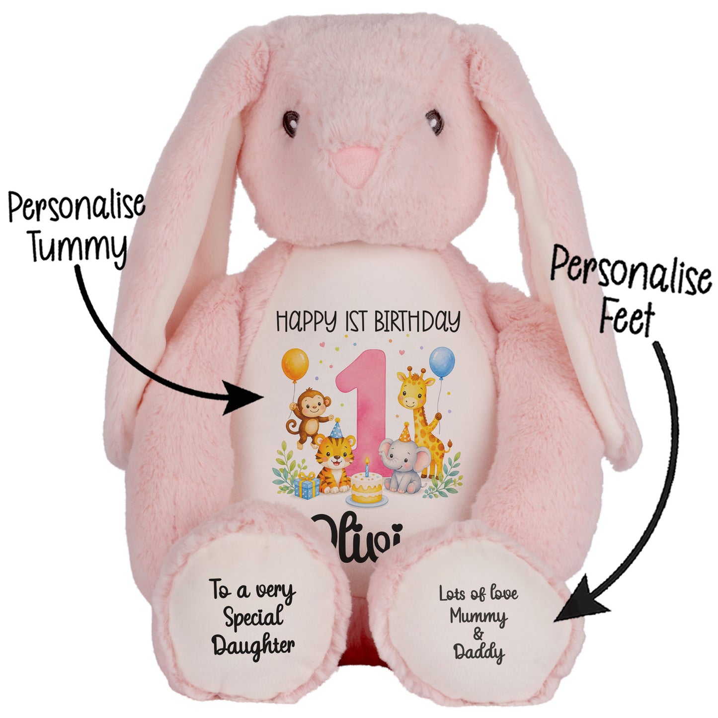 Personalised Baby Girl 1st Birthday Teddy Bear - Pink Safari Animal Name Age 1