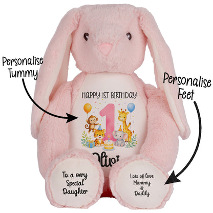 Personalised Baby Girl 1st Birthday Teddy Bear - Pink Safari Animal Name Age 1
