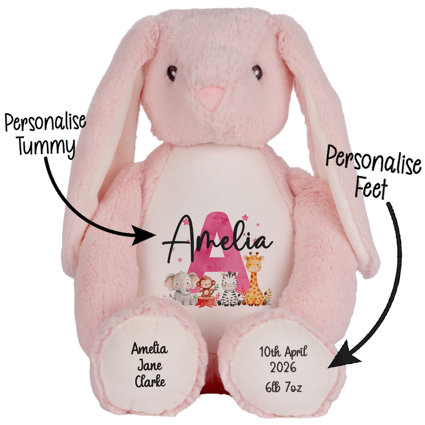 Personalised New Baby Girl Teddy Bear with Pink Letter Initial & Name Text - Animal Safari Design