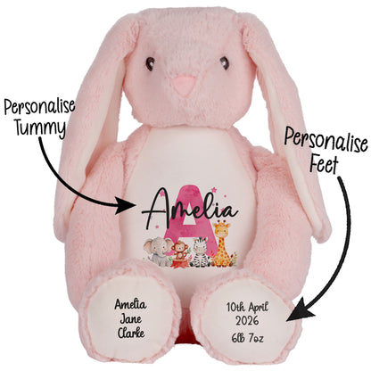 Personalised New Baby Girl Teddy Bear with Pink Letter Initial & Name Text - Animal Safari Design