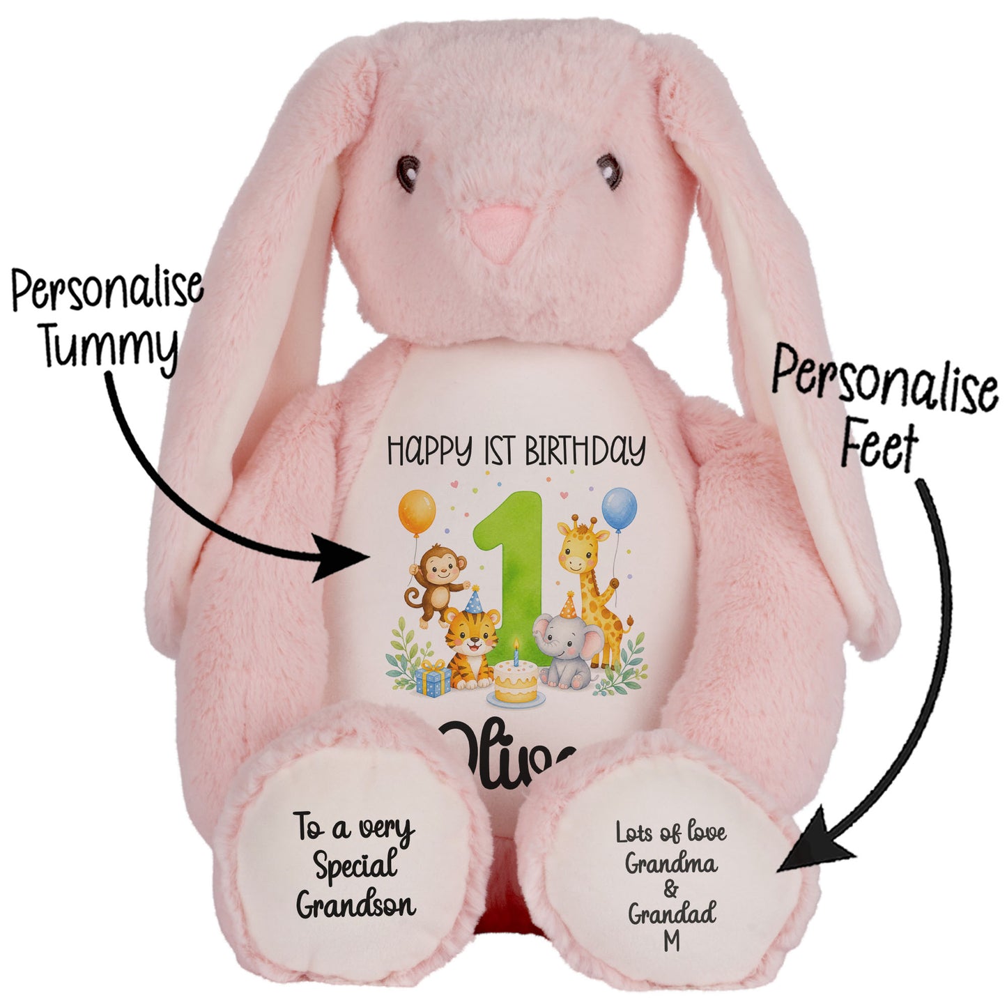 Personalised 1st Birthday Teddy Bear – Safari Animal Party Green Age 1