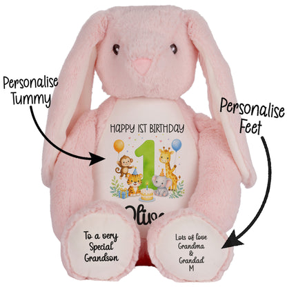 Personalised 1st Birthday Teddy Bear – Safari Animal Party Green Age 1