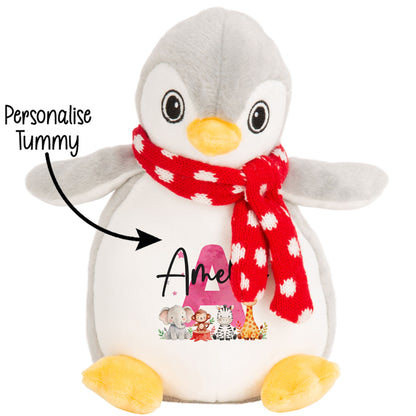 Personalised New Baby Girl Teddy Bear with Pink Letter Initial & Name Text - Animal Safari Design